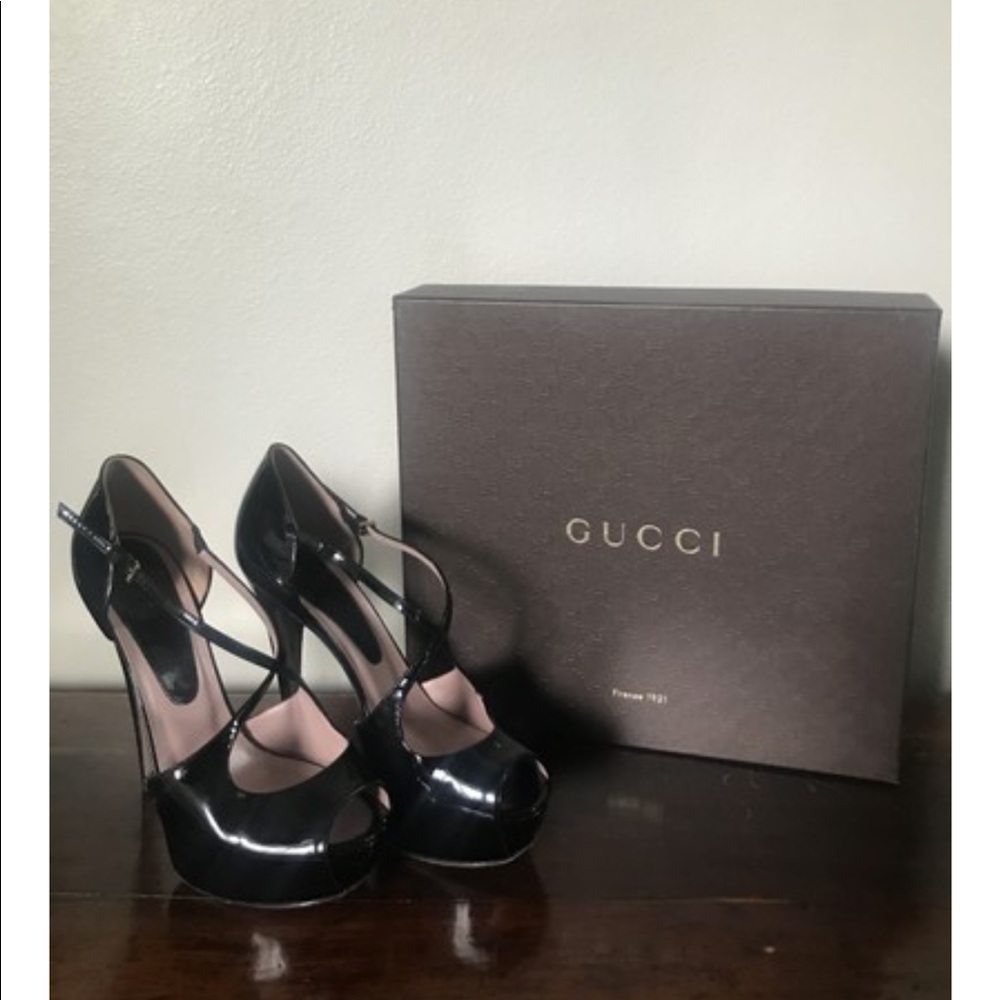 Black Patten Leather Gucci Venice Platform Heels